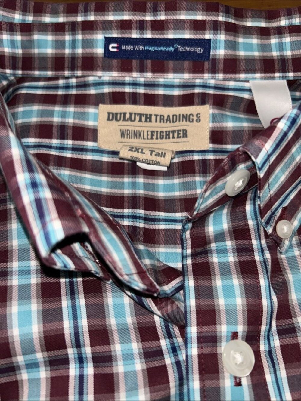 Duluth Trading Wrinklefighter 2XL Tall Relaxed Fit Check Shirt Magnetic Closure